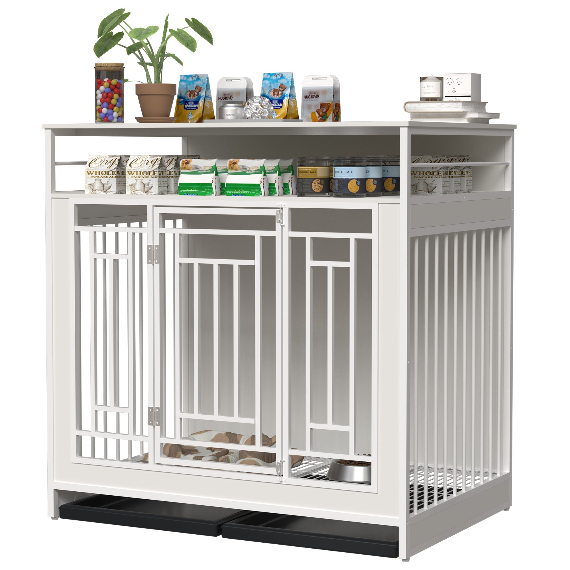 43.3 Inch Wooden Dog Crate Furniture with Divider and Storage, White