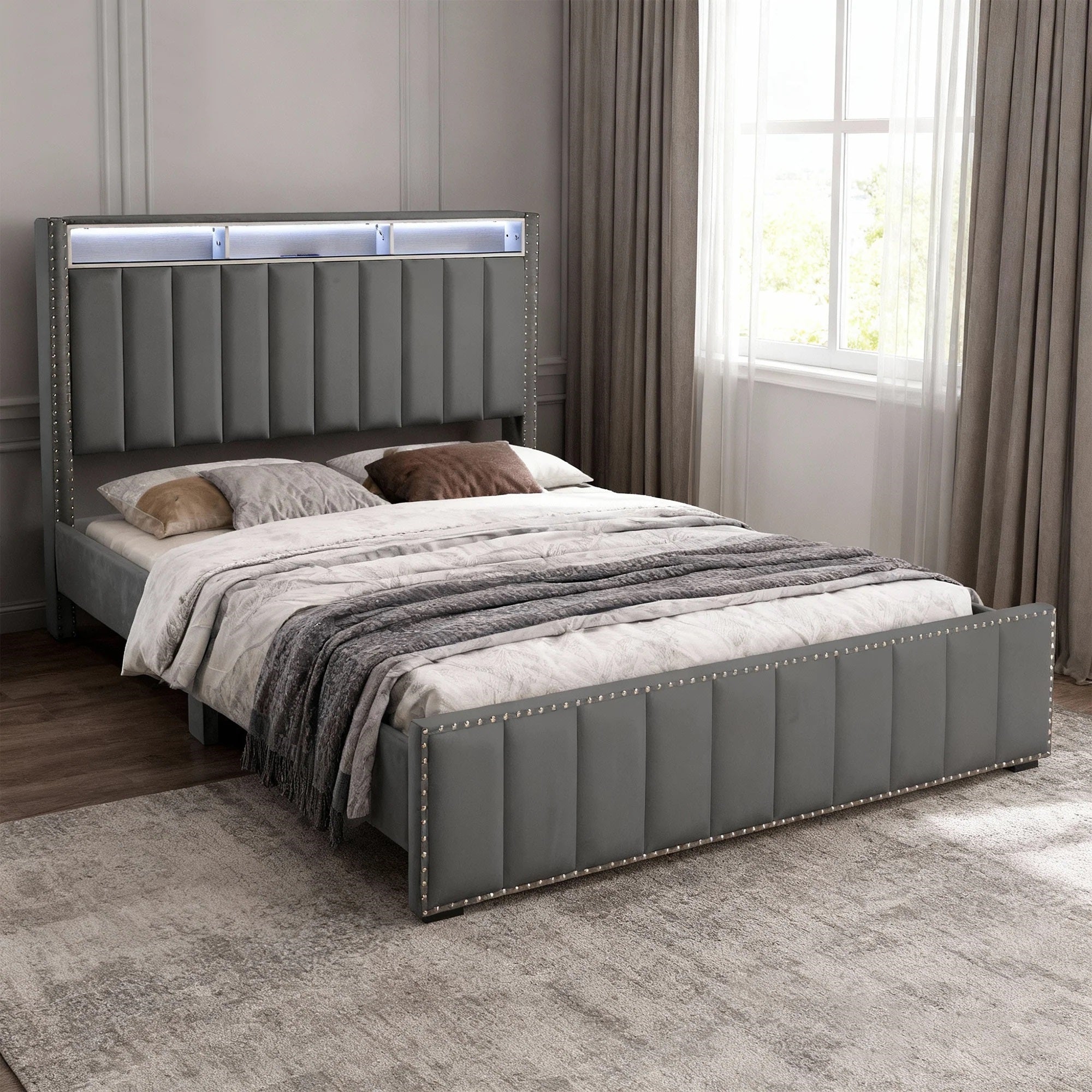 Contemporary 3pc Bedroom Set Queen Size Bed 2x Nightstands Bedroom Furniture Dark Gray Fabric Upholstered Bedframe w LED Nailhead Trim