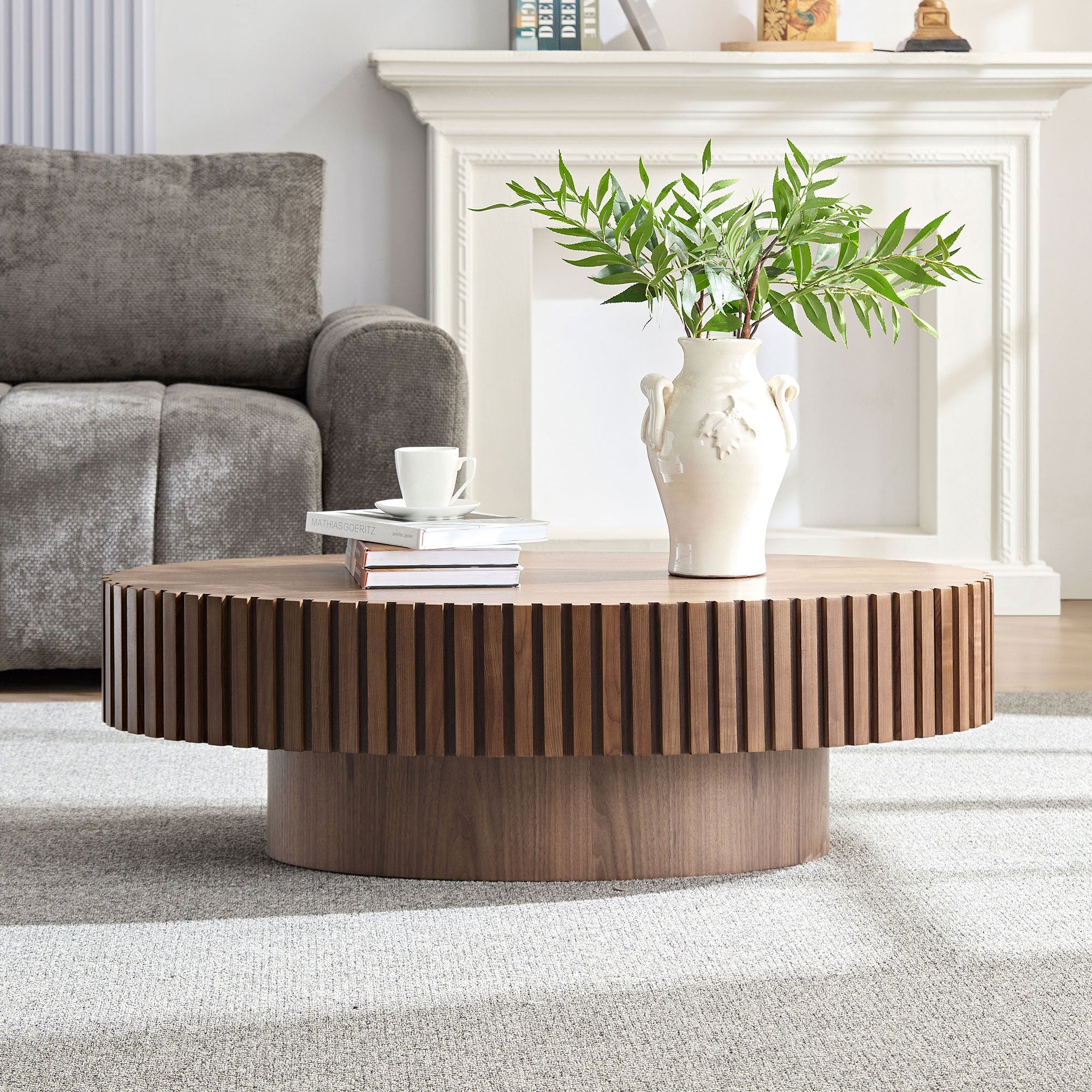 Modern Handcraft Drum Coffee Table Length 43.7 inch Ellipse Coffee Table for Living Room,Oval Small Coffee Table with Sturdy Pedestal,Walnut MDF