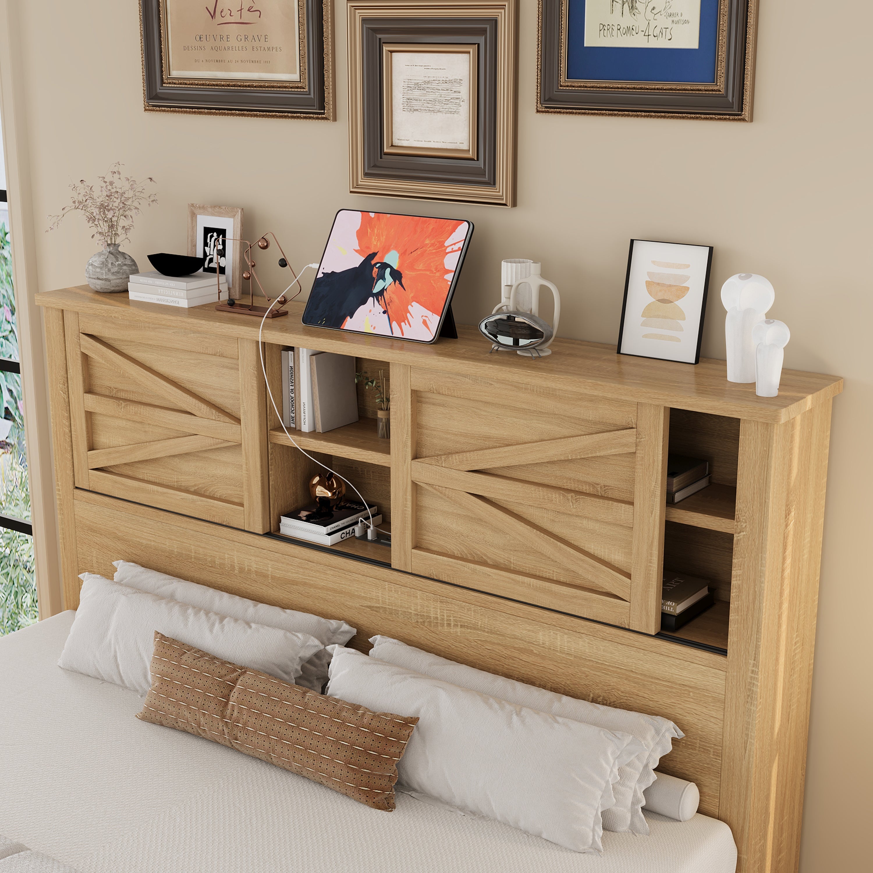 3-Pieces Bedroom Sets Queen Size Farmhouse Platform Bed with Double Sliding Door Storage Headboard and Charging Station, Storage Nightstand and Dresser, Natural