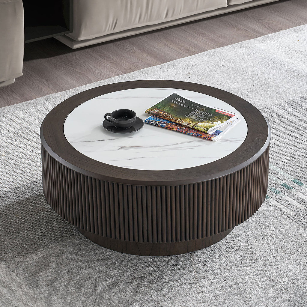 31.5 inch Modern Faux Marble Pattern Stickers Coffee Table Round Coffee Table for Living Room,Small Table with Sturdy Pedestal,Dark Brown