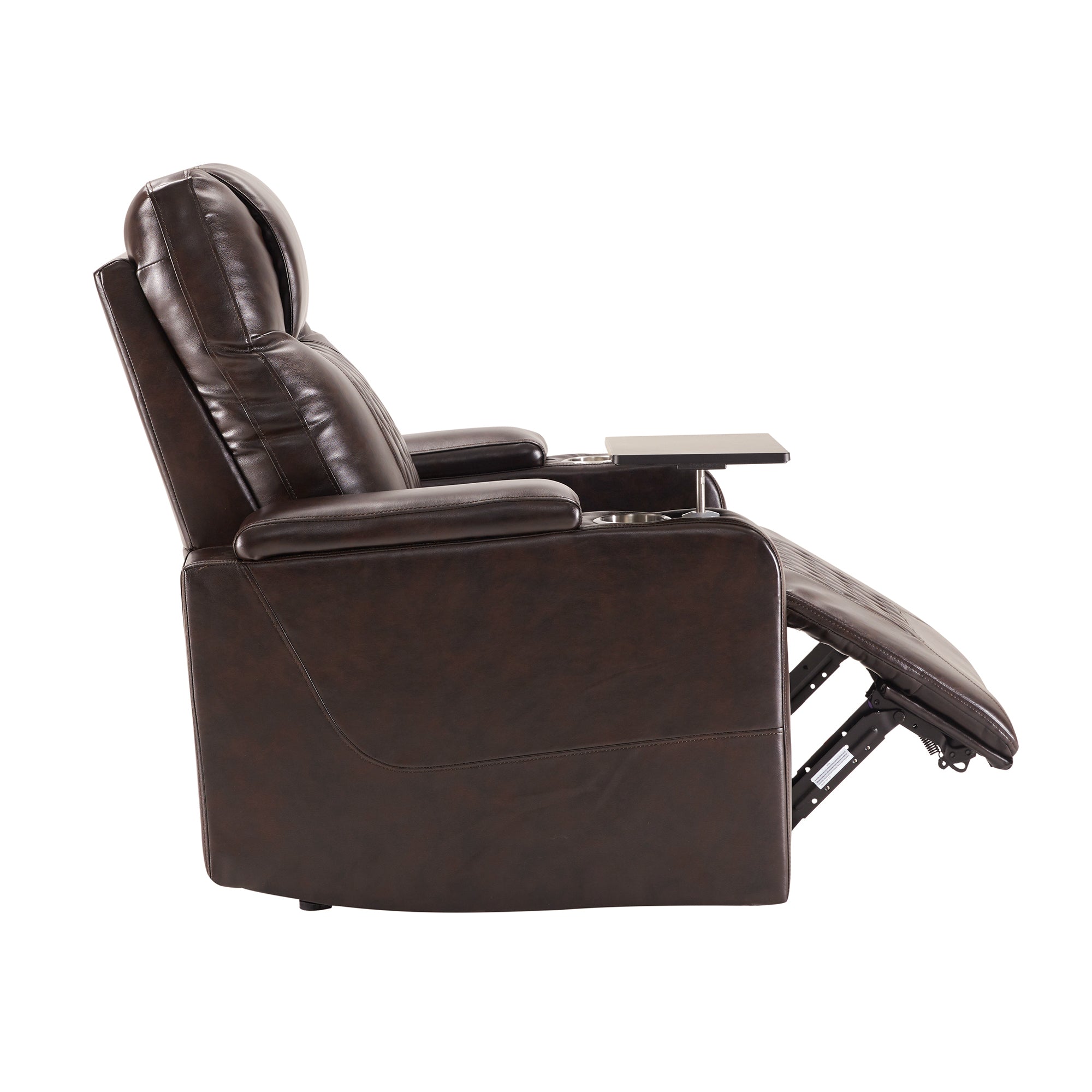 Power Motion Recliner with USB Charging Port, Hidden Arm Storage, 2 Cup Holders, 360° Swivel Tray Table, Brown PU Leather