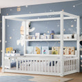 Twin Size Canopy Bed with Guardrails, Solid Wood Floor Bed with Shelves, Montessori Floor Bed Frame for Kids, Boys, Girls, No Spring Box Needed, White