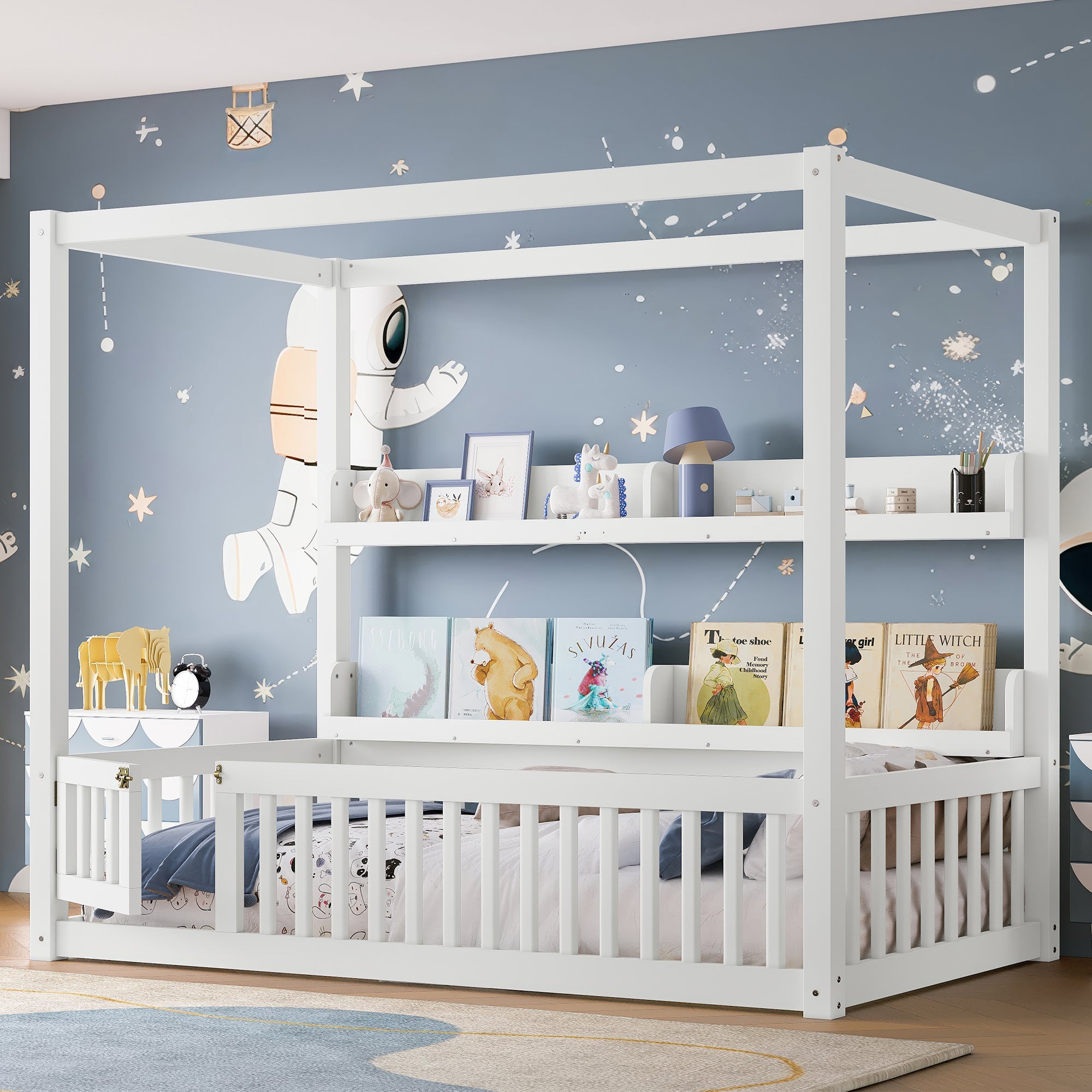 Twin Size Canopy Bed with Guardrails, Solid Wood Floor Bed with Shelves, Montessori Floor Bed Frame for Kids, Boys, Girls, No Spring Box Needed, White