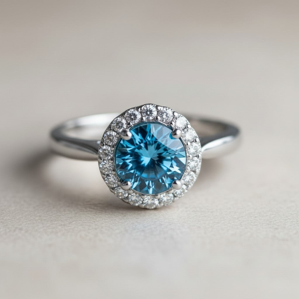 "Circle of Life" Round Portuguese Cut Cremation Ring with Halo 7mm