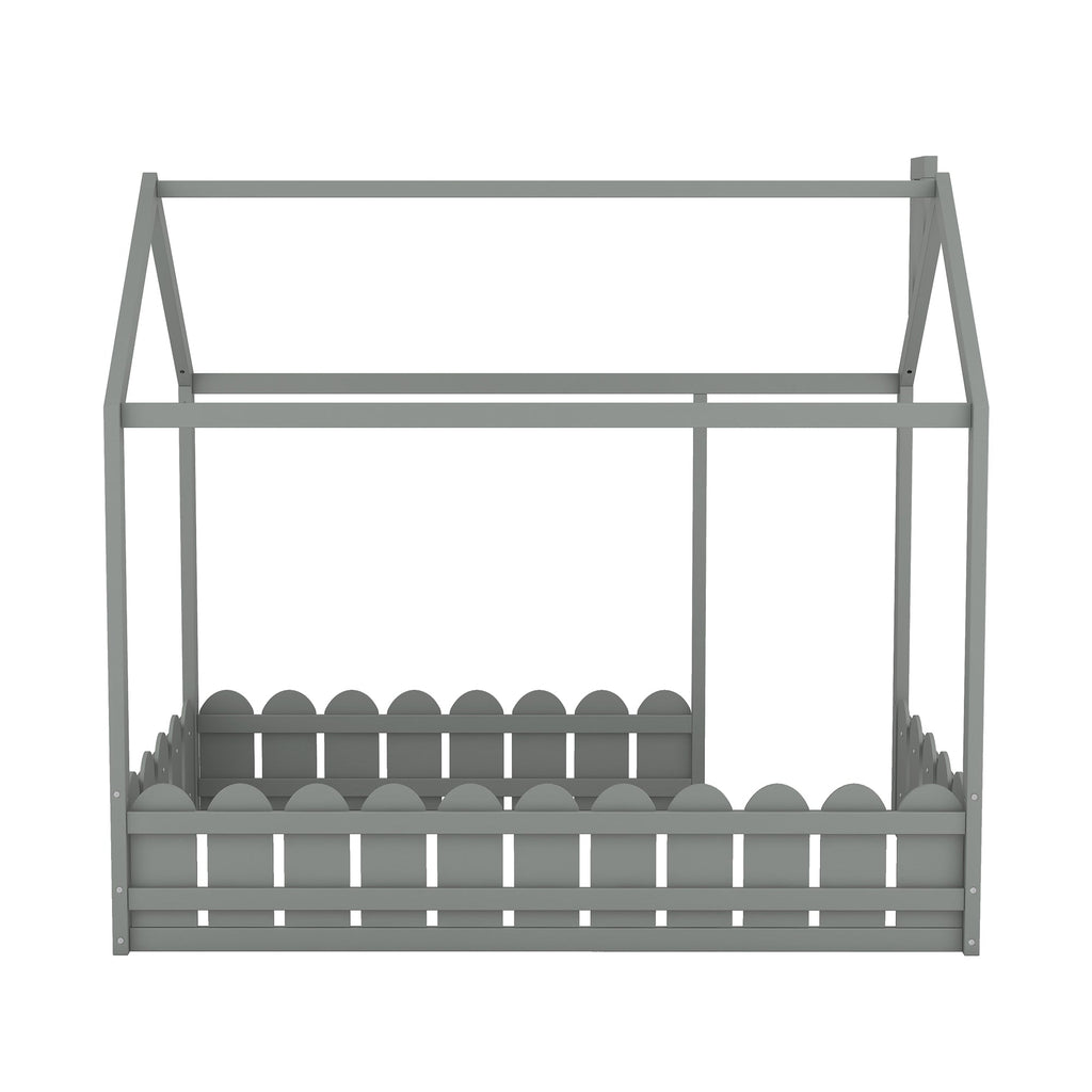 {Slats are not included}Twin Size Wood Bed House Bed Frame with Fence,for Kids,Teens, Girls,Boys {Gray}{OLD SKU:WF194274AAE}