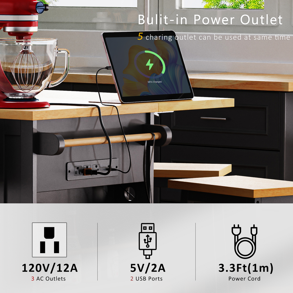 K&K 53inch Large Kitchen Island with 2 Bar Stools, Power Outlet,Door Internal Storage Rack, Kitchen Storage Cart on 5 Wheels with Drop Leaf, 5 Open Side Racks, 3 Drawers, for Kitchen,Dining Room,Black