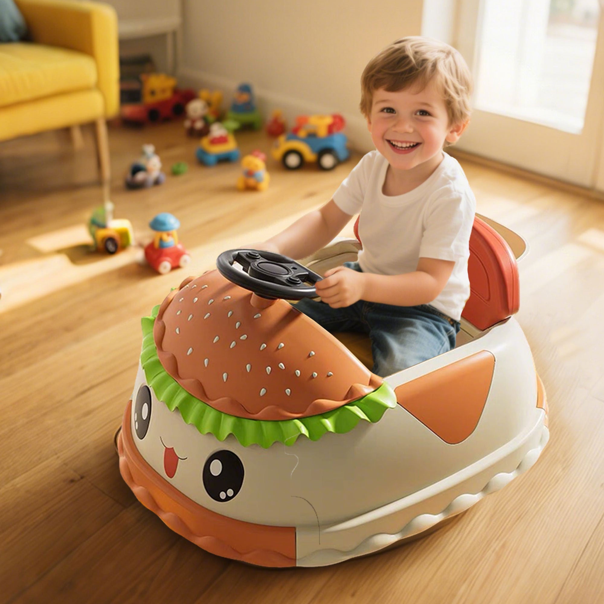 12V Kids Ride On Electric Bumper Car W/Parents Control,Cute&Realistic Hamburger Design,360 Degree Rotation,Storing Space,Bluetooth,Music,USB,Silent wheel,LED Lights,Power Display,Anti-rollover For 2-5