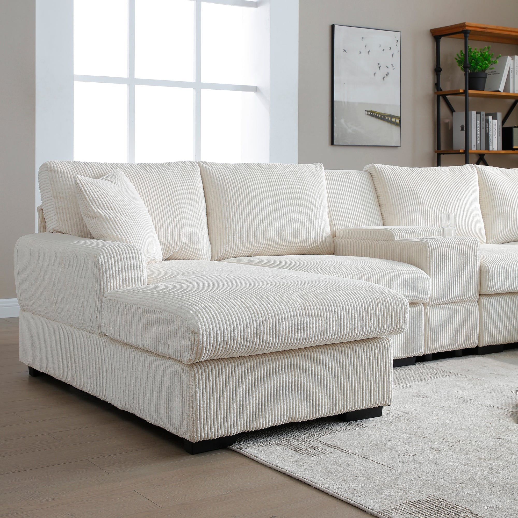 U Shaped Cloud Couch Sectional Sofa for Living Room,126' Oversized Comfy Cloud Sofa with Console,Cup Holder ,Double Chaise, Beige