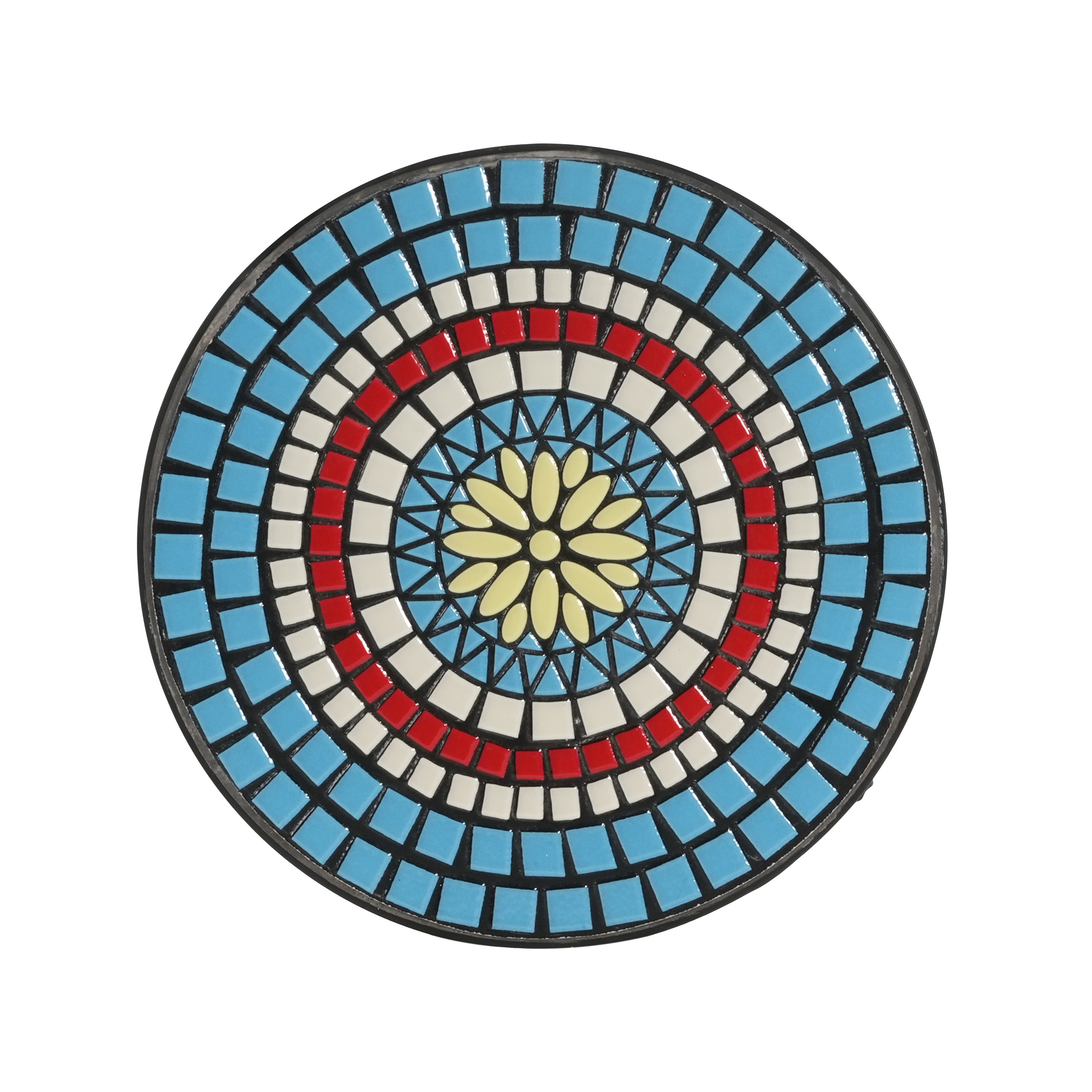 Vibrant Patio Side Table with Shelf, Floral Design, Blue and Black Ceramic Tile, 14-Inch