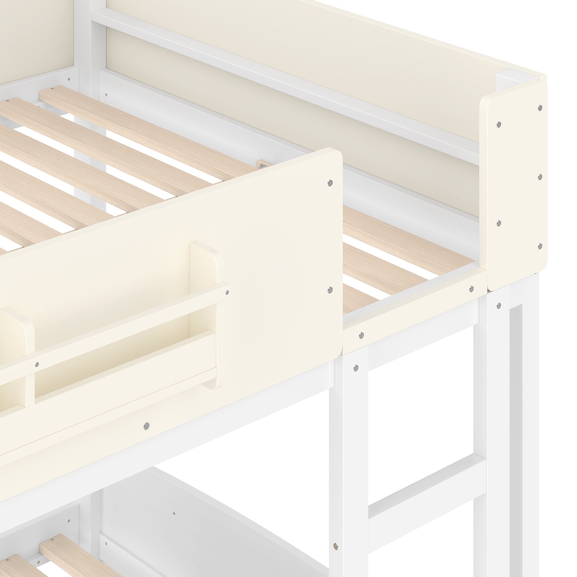 Full Bunk Bed with Trundle , Wood Bunk Bed Frame with Built-in Bookshelf and High-quality Safety Guardrail,Automobile Form Design for Kids ,White＆ Beige.