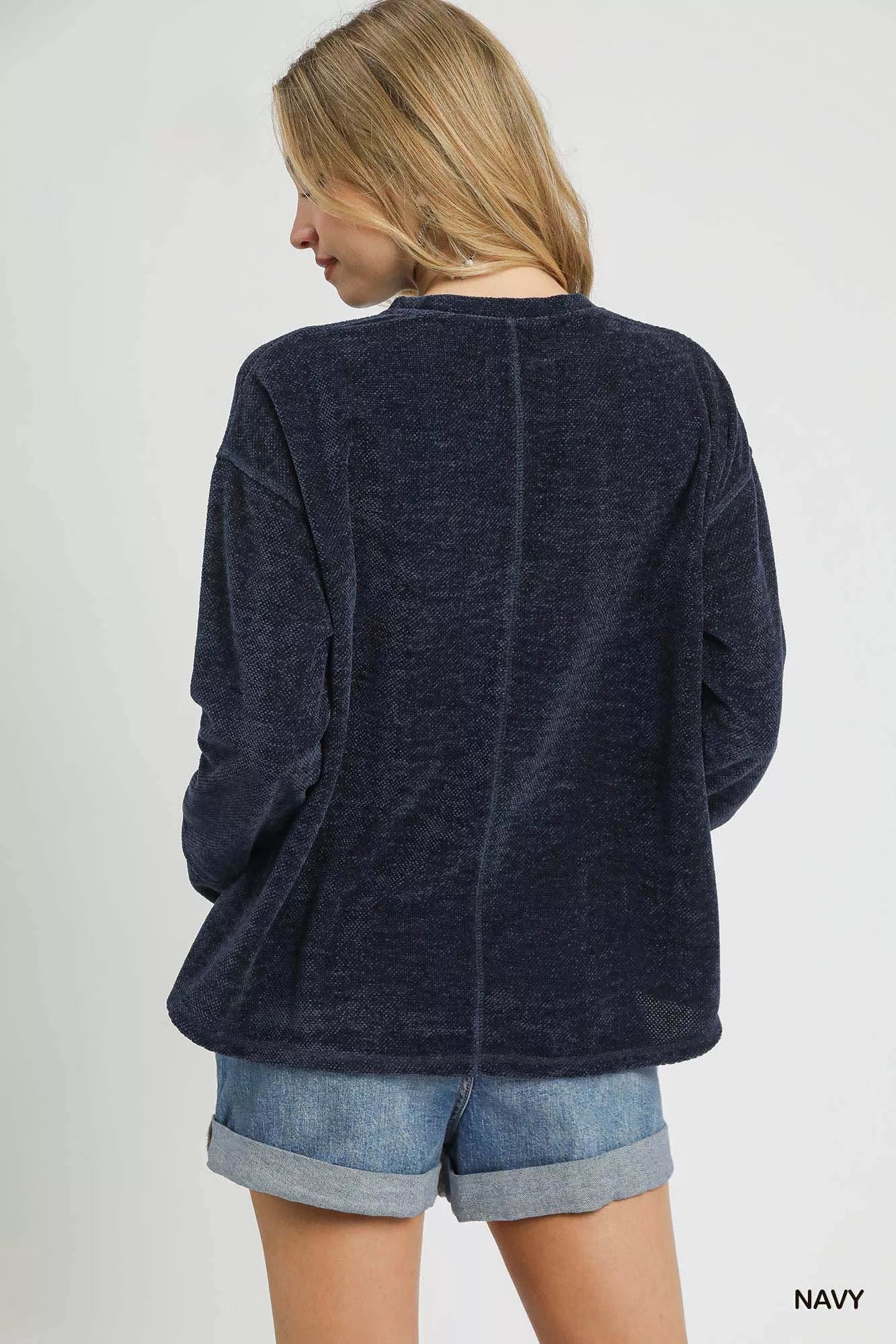 Umgee Round Neck Long Sleeve Side Slit Top