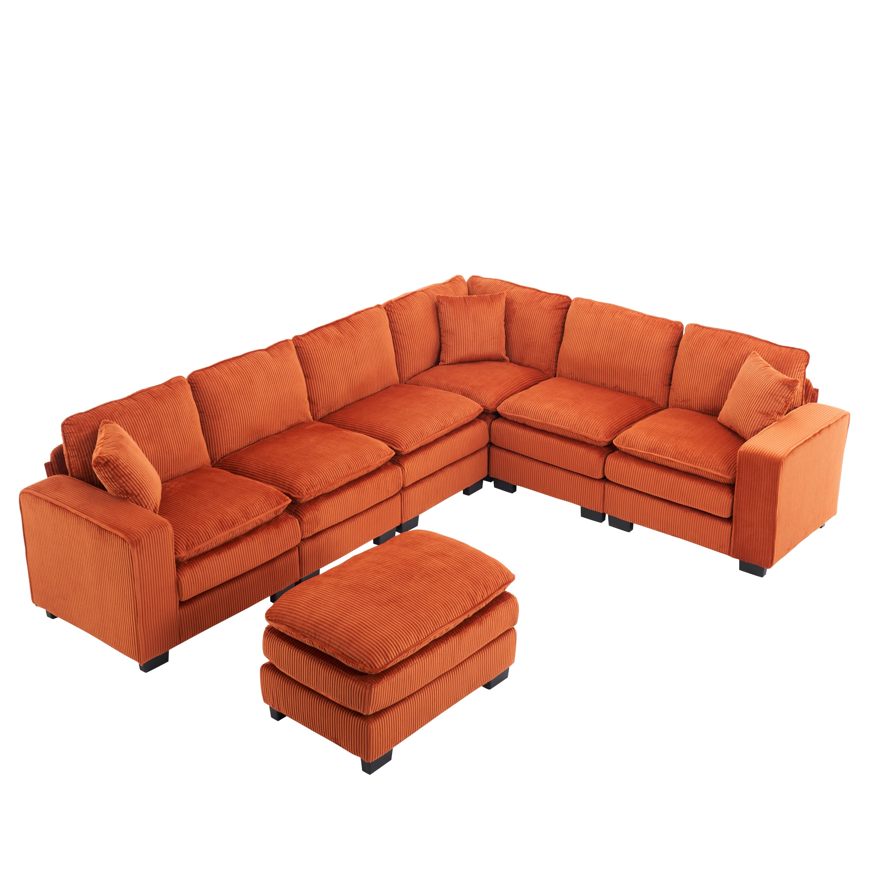 Modern U Shaped 6-seat Sectional Sofa Couch with one Ottoman and three toss pillows ,Modular Sofa for Living Room,Corduroy sofa