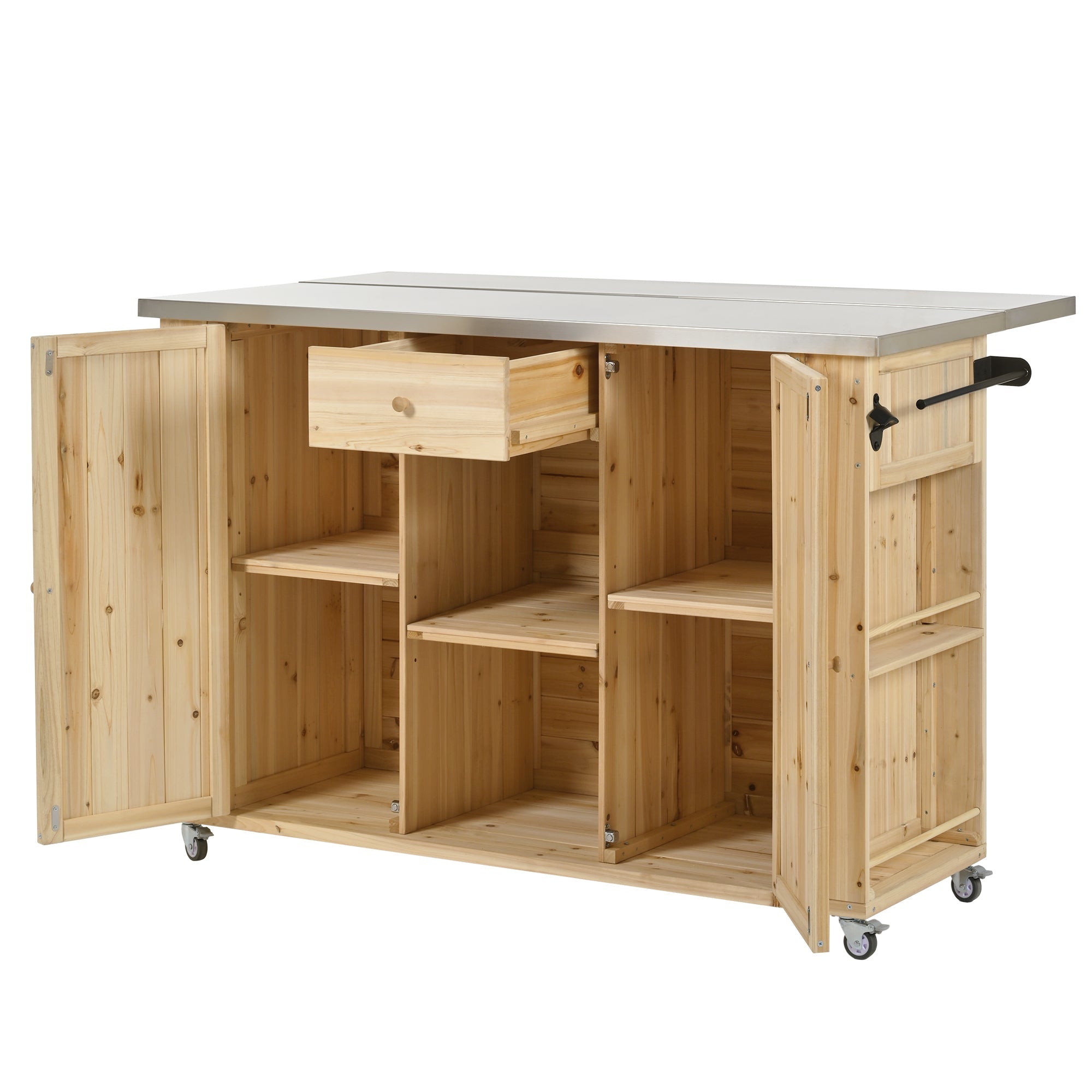 Outdoor Kitchen Island Fir Wood Kitchen Island with Stainless Steel Top, Ample Storage Space, Towel and Spice Racks, Bottle Opener, Natural