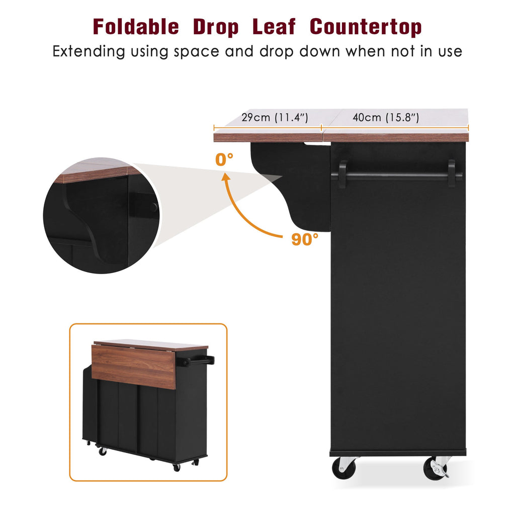 K&K 47.2' Farmhouse Kitchen Island with Drop Leaf, Kitchen Storage Island with Removable Side Racks, Two Drawers, Rolling Kitchen Cart on Wheels with Towel Rack, for Home, Kitchen, Dining Room, Black