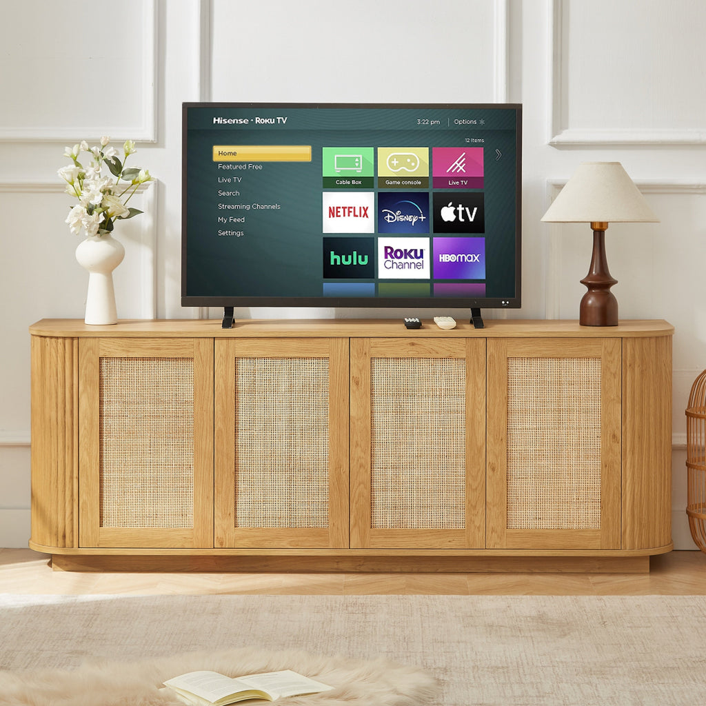 Contemporary Wave-Shaped TV Stand with Rattan Doors, Natural Wood Finish, 64''W x 15''D x 24''H