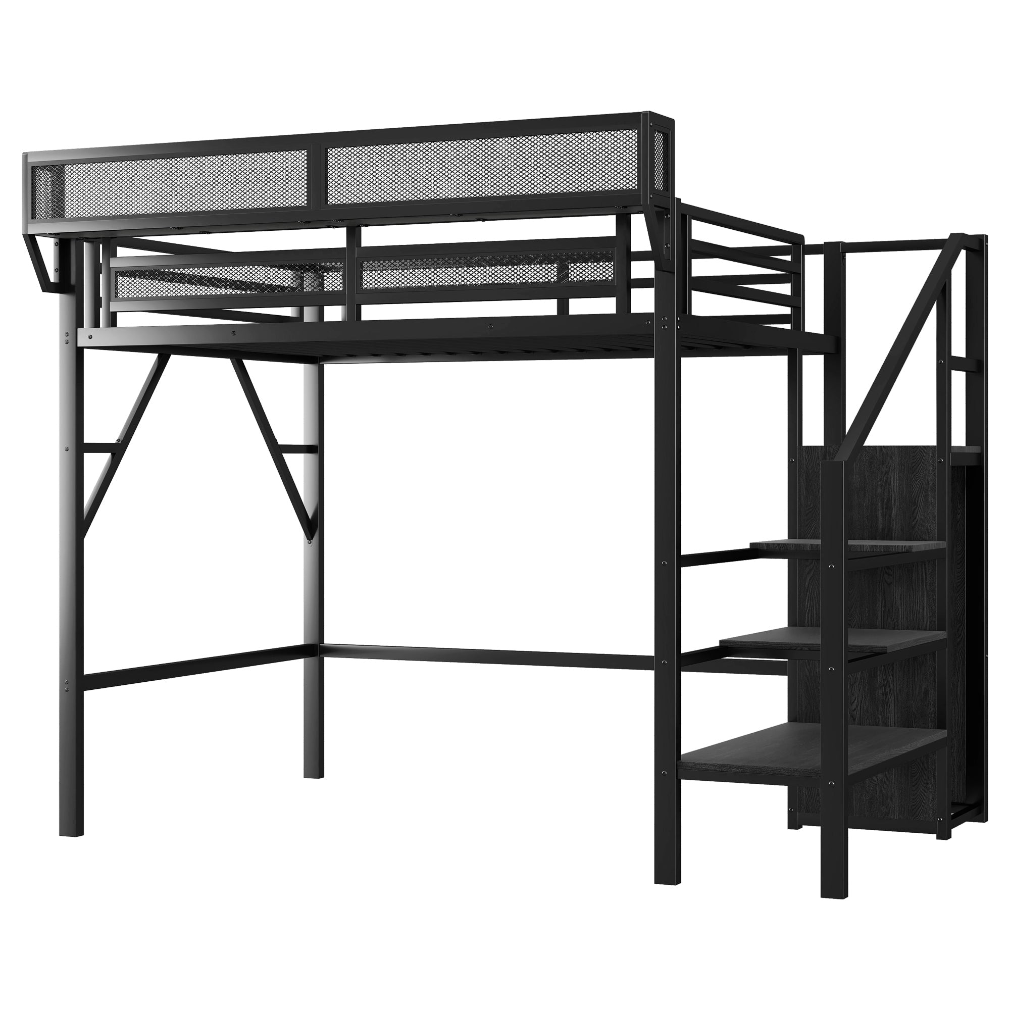 Twin XL Size Loft Bed with Stairs, Metal Full Loft Bed with Storage Shelves, High Loft Bed with Wardrobe for Kids Teens, Black(Expect Arrival Date 2025/10/14)
