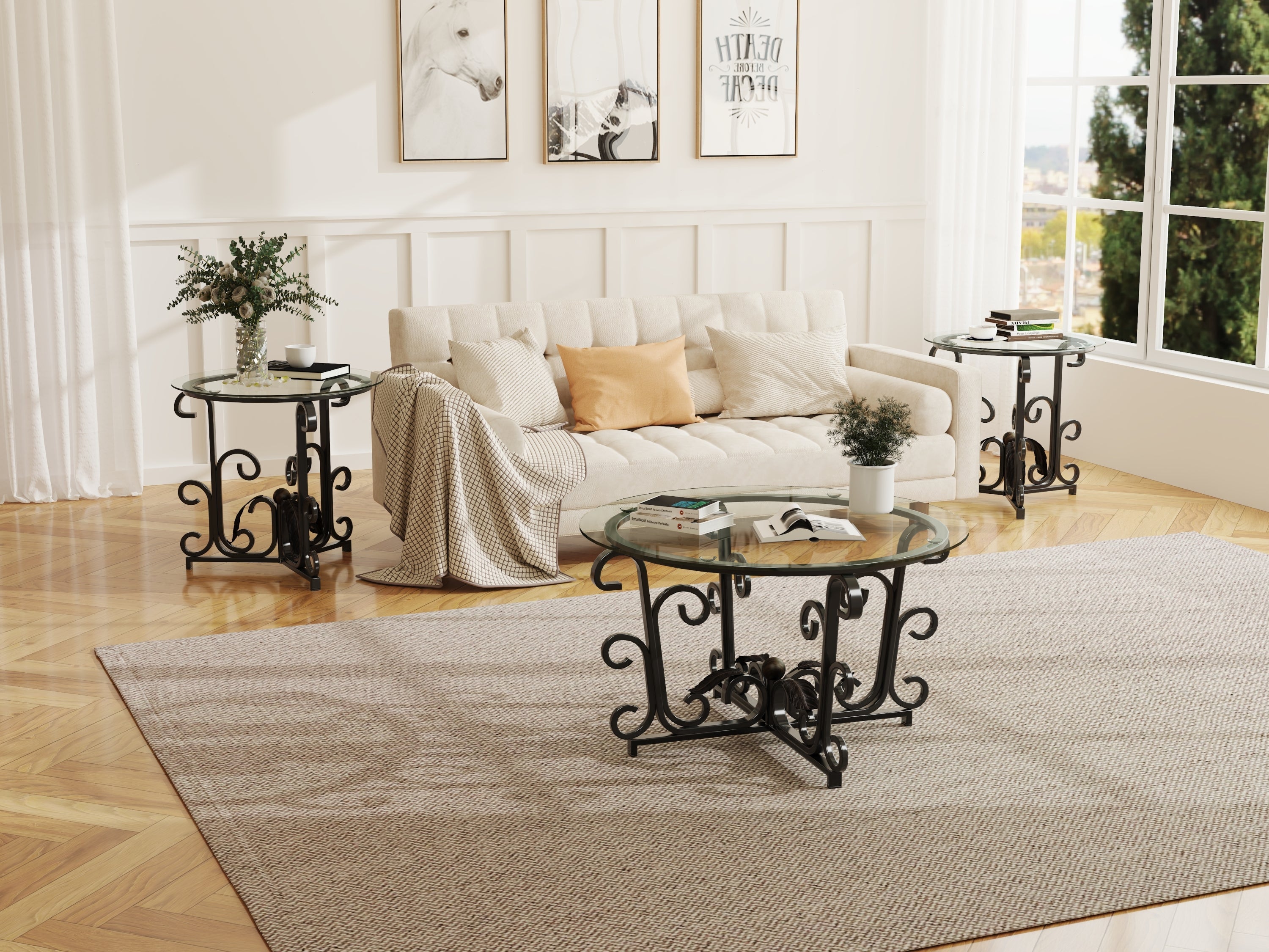 3-Piece Coffee Table Set, Tempered Glass Surface with Sturdy Metal Frame - Modern Living Room Sets (1 Coffee Table + 2 End Tables), Scratch-Resistant & Easy to Clean for Small Spaces, Apartments