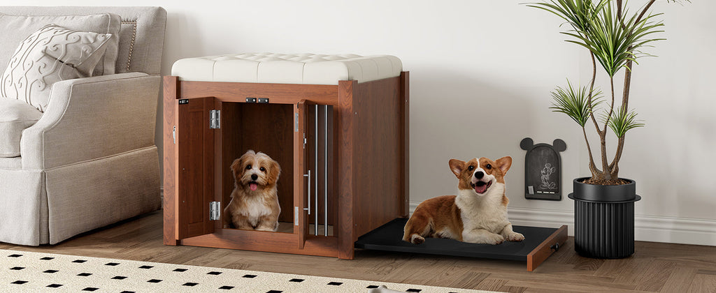 30.25'L, 2 in 1 Dog Crate with Padded Seat, Sliding Barn Door, Luxury Wooden Dog Kennel, End of Bed Bench Ottoman with Removable Cushion for Bedroom, Living Room, Walnut