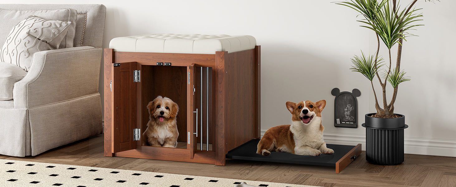 30.25'L, 2 in 1 Dog Crate with Padded Seat, Sliding Barn Door, Luxury Wooden Dog Kennel, End of Bed Bench Ottoman with Removable Cushion for Bedroom, Living Room, Walnut