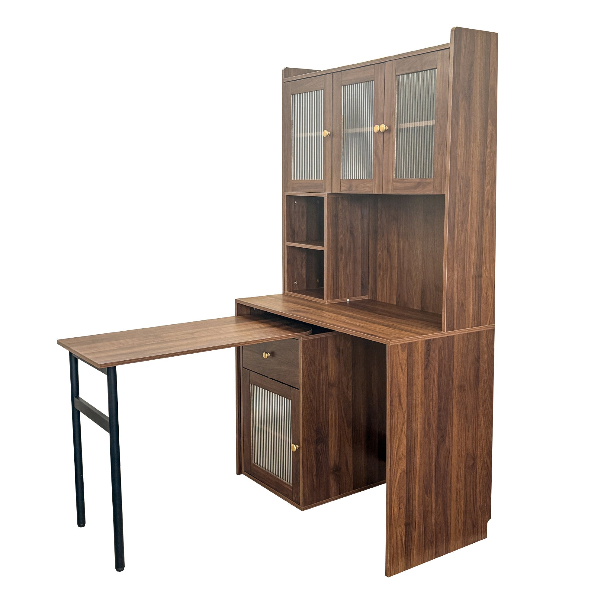 Computer Desk with glass door for Home Office or Study desk,  Bookshelf & Hutch, Computer Desk with 90 Degree Rotating Desktop,Large Working Space
