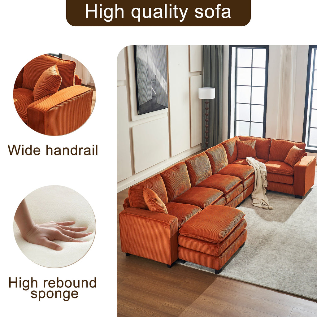 Modern U Shaped 6-seat Sectional Sofa Couch with one Ottoman and three toss pillows ,Modular Sofa for Living Room,Corduroy sofa