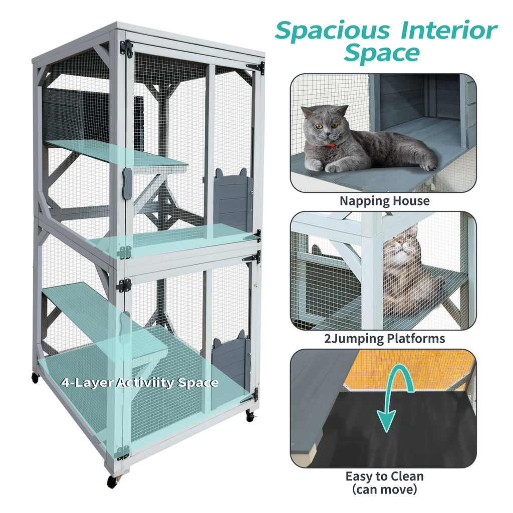 30.7'  Wooden Catio Outdoor Cat Enclosure, Luxury Cat House on Wheels with Napping House, 4 Platforms & Weatherproof Asphalt Roof, Large Kitty Cat Condo Cage Shelter Playpen with Sliding Doors