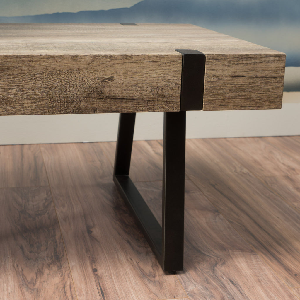Abitha Faux Wood Coffee Table with Industrial Powder-Coated Metal Legs in Canyon Grey