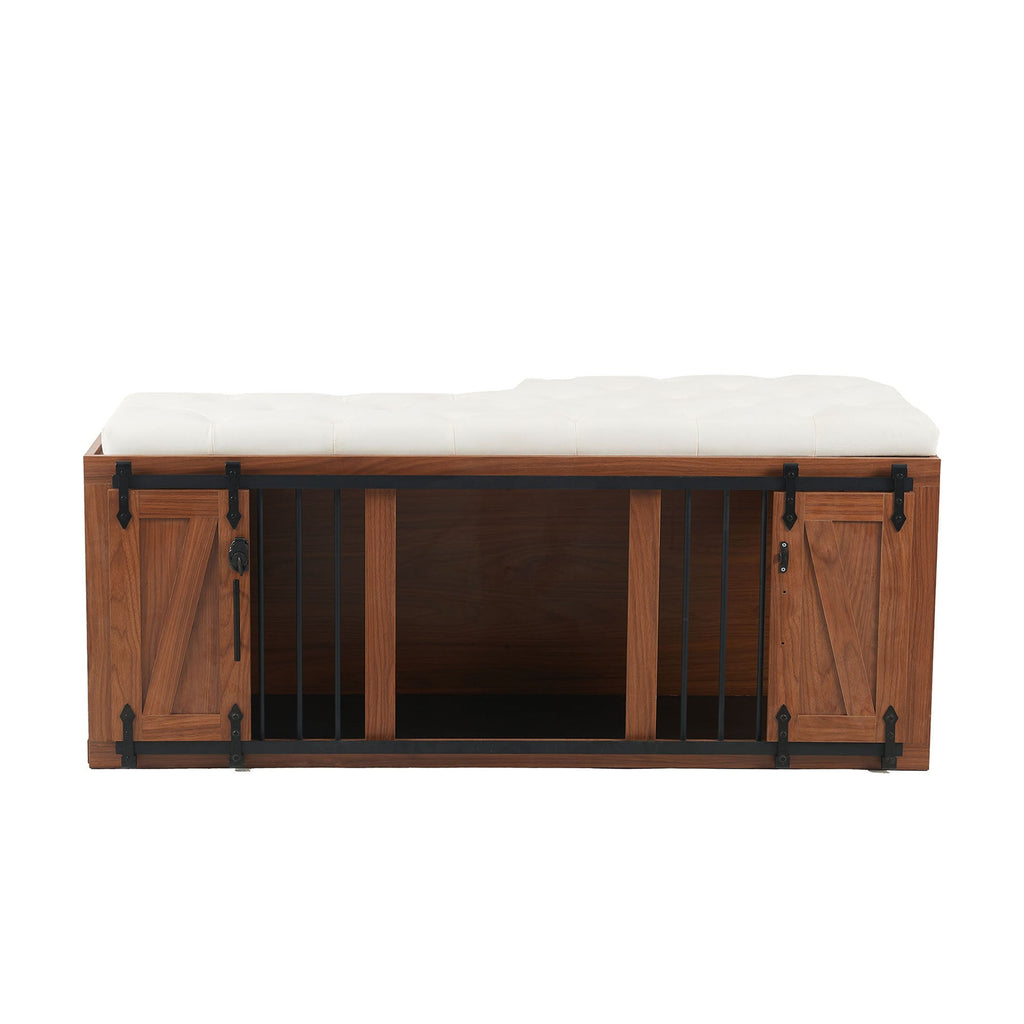 56'L, Furniture Style 2 in 1 Dog Crate with Padded Seat, Sliding Barn Door, Luxury Wooden Dog Kennel, End of Bed Bench Ottoman with Removable Cushion for Bedroom, Living Room, Walnut