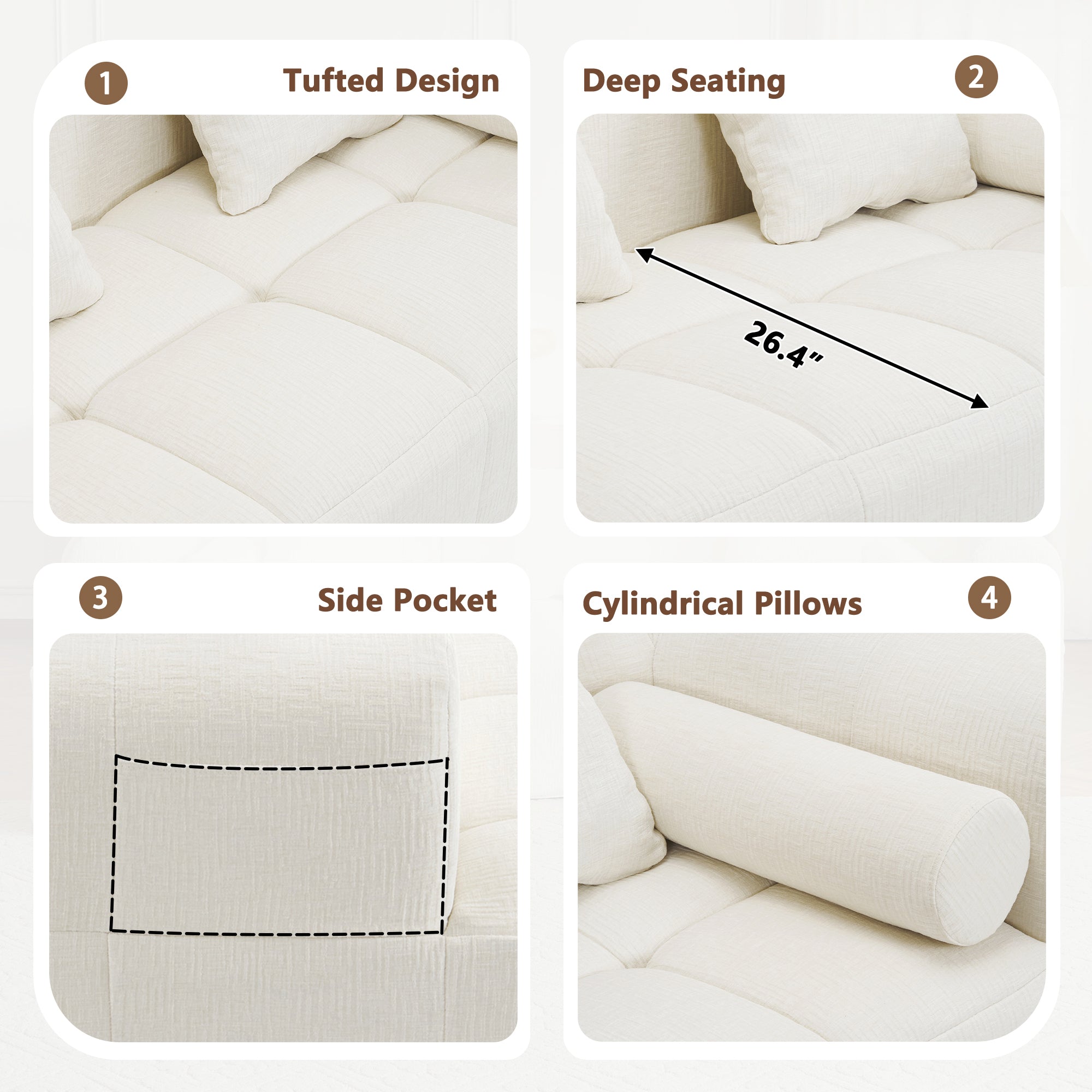 Modern Beige Modular Sectional Sofa with Deep Seating and Side Pockets, Chenille Upholstery, 101.2'