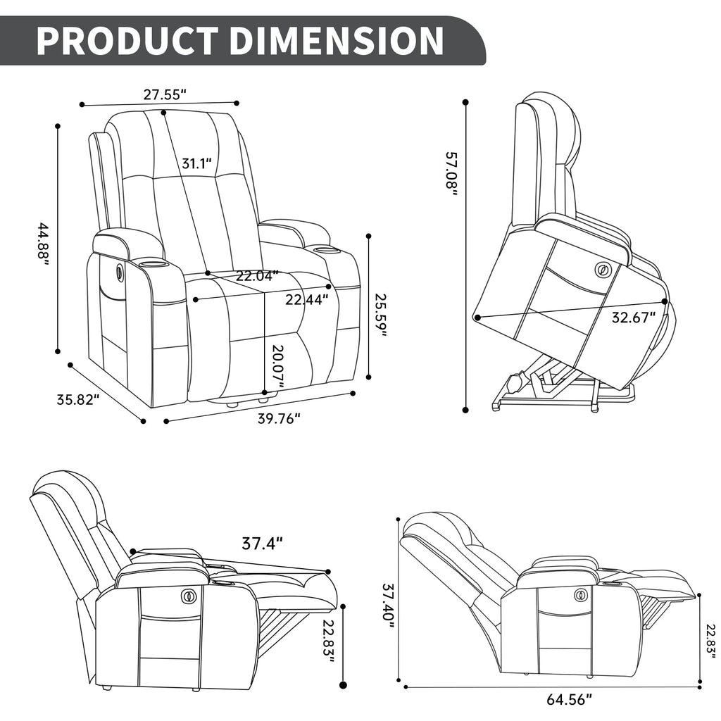 Beige PU Infinite Position Up to 350 LBS Power Lift Recliner Chair for Elderly, Heavy Duty Motion Mechanism with 8-Point Vibration Massage and Lumbar Heating, USB Charging Port, Cup Holders