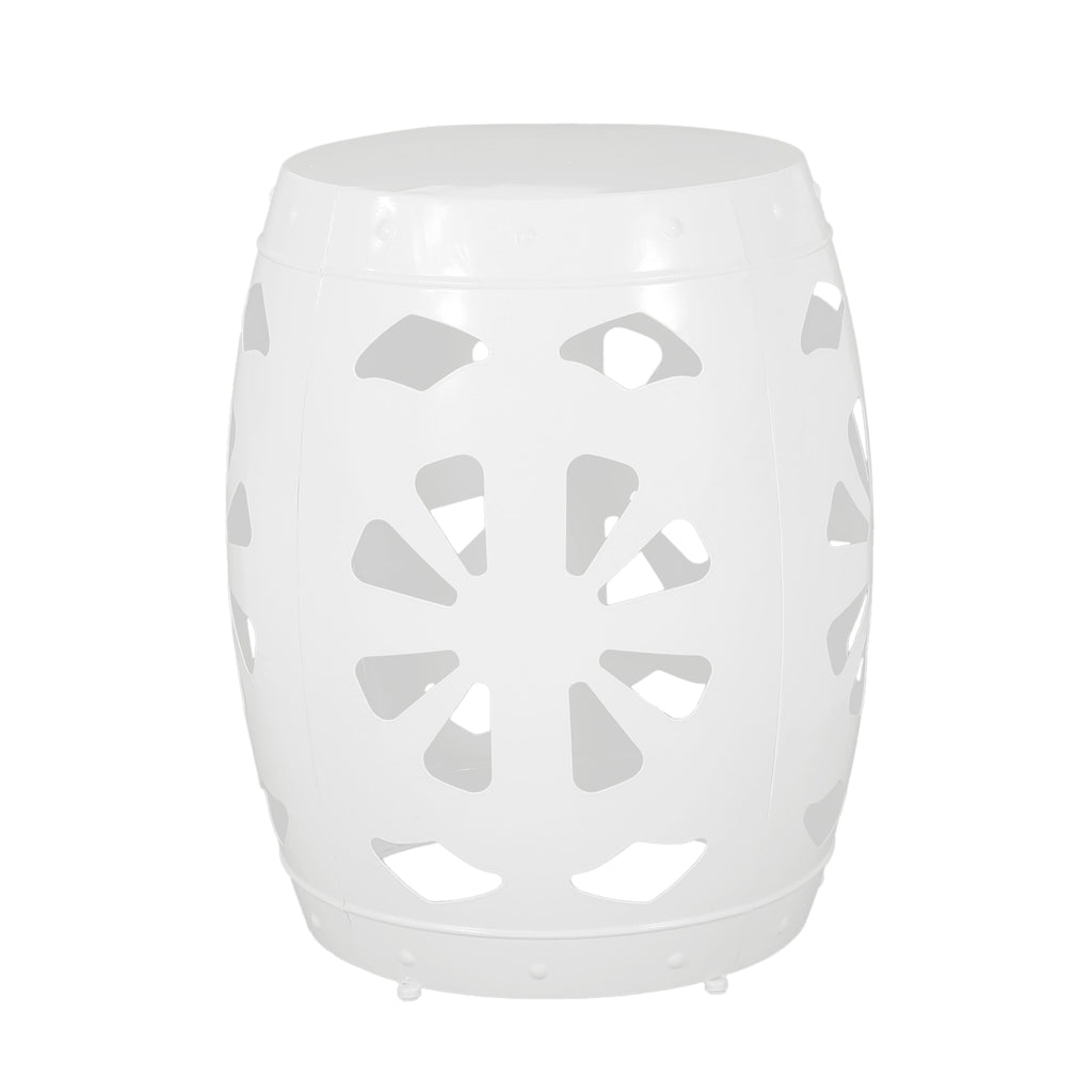 Modern White Metal End Table with Floral Iron Cut Design and Powder-Coated Frame
