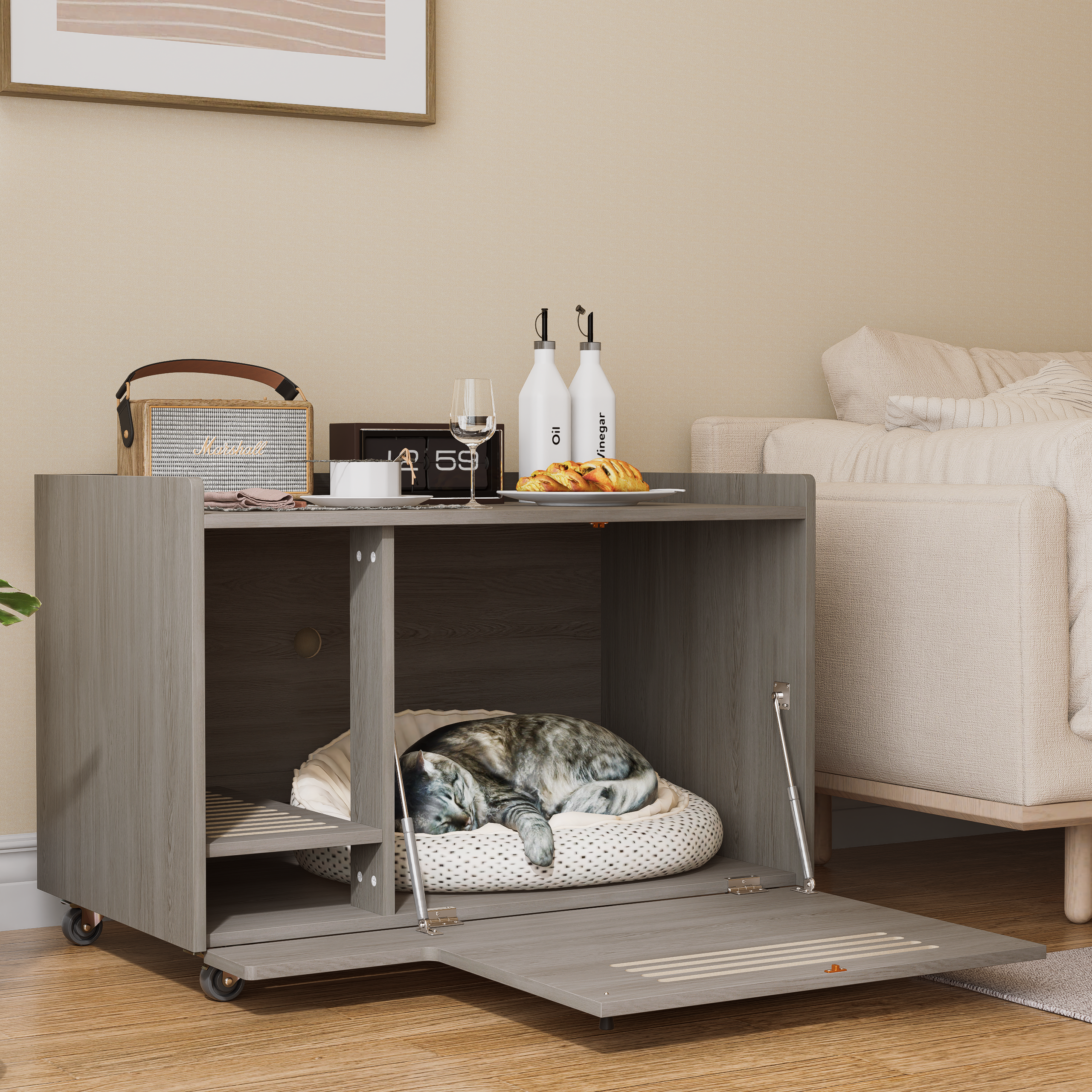 Gray Cat Litter Box Enclosure,Hidden Litter Box Furniture with top side fence,Wooden Pet House Side End Table, Storage Cabinet Bench for Living Room,,Bedroom, Fit Most of Litter Box