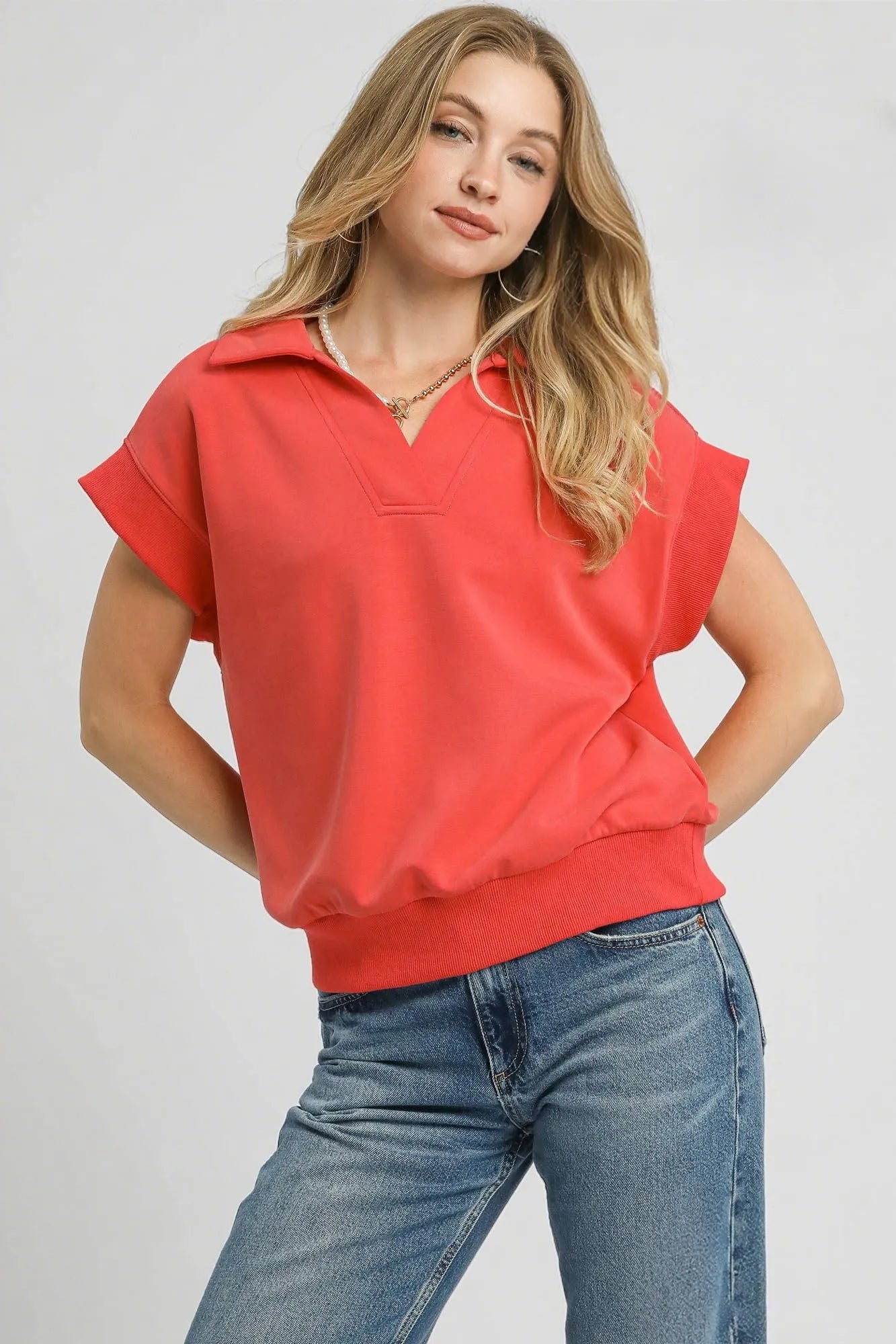 Umgee Luxe Knit Collared Short Sleeve Polo Sweatshirt