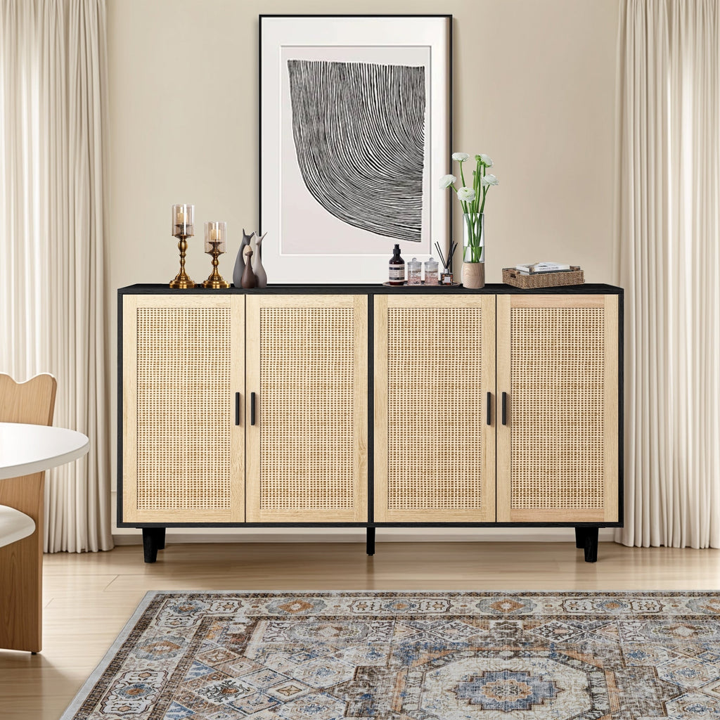 Elegant and Functional 4-Door Rattan Decorative Storage Cabinet for Bedroom, Living Room, Office, Black, Particle Board, 62.20'