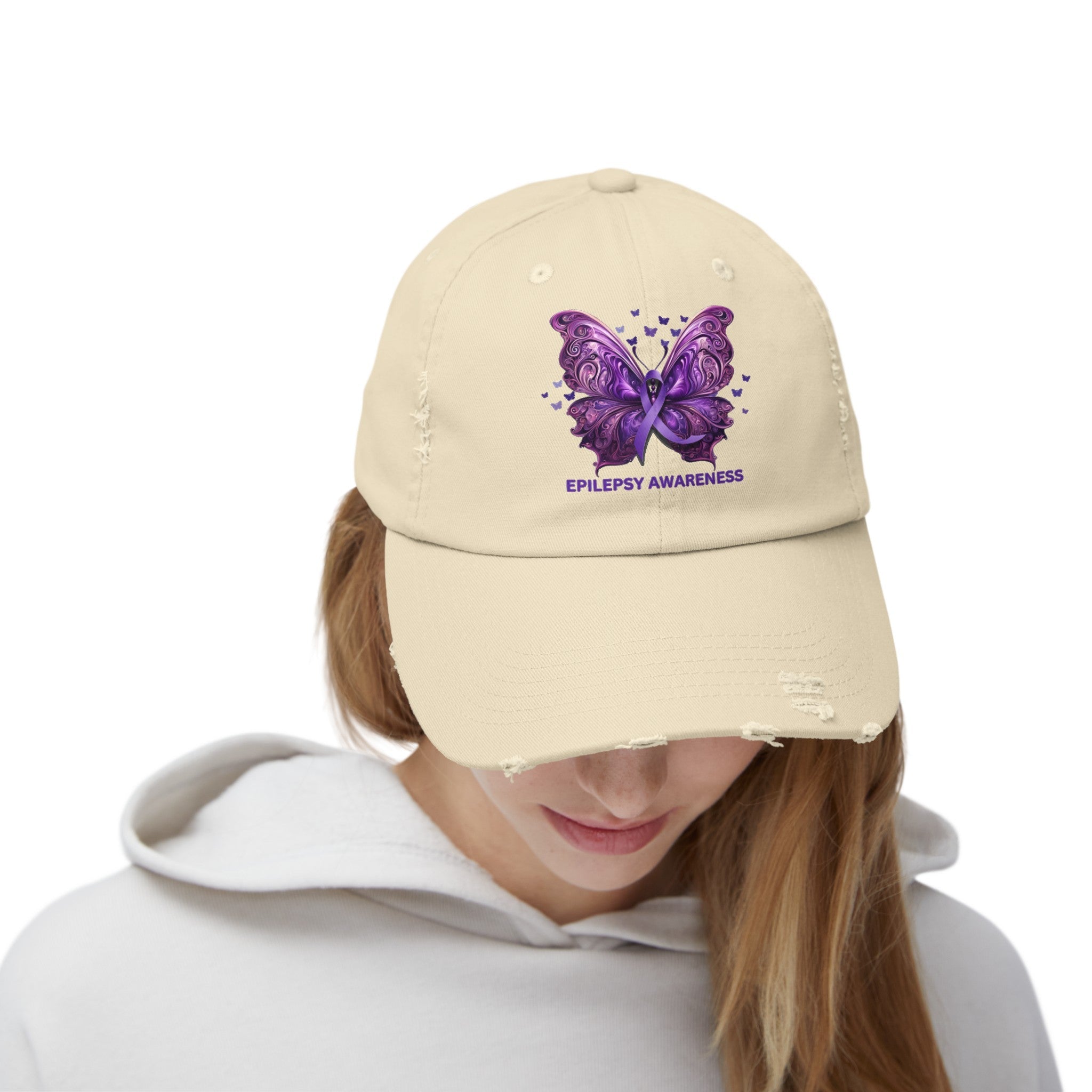 Epilepsy Awareness Butterfly Distressed Hat – Purple Ribbon Awareness Cap