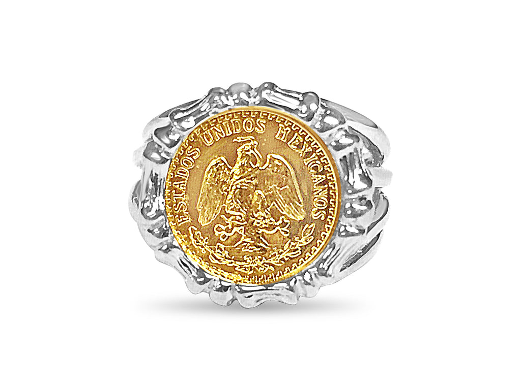 Fancy Solid White/Yellow/Rose Gold Handmade Coin Ring , Dos Pesos Coin ,