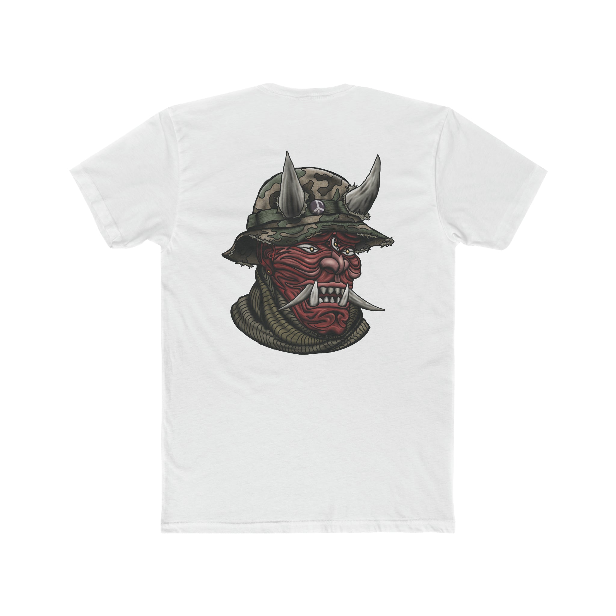 Peace Sign Oni Hannya With Camouflage Boonie Cover - Crew Tee