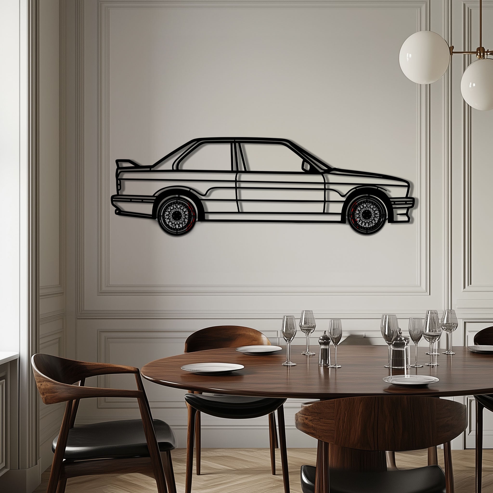 BMW E30 M3 Metal Car Wall Art with Rotating Wheels - Classic M Power Silhouette Decor - Interactive Automotive Wall Art - KAFMEKA100