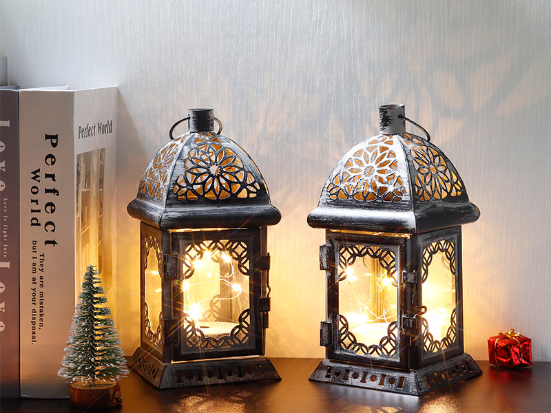 8'' High Metal Vintage Hanging Battery Operated Decorative Lantern with LED Fairy Lights (Set of 2 )