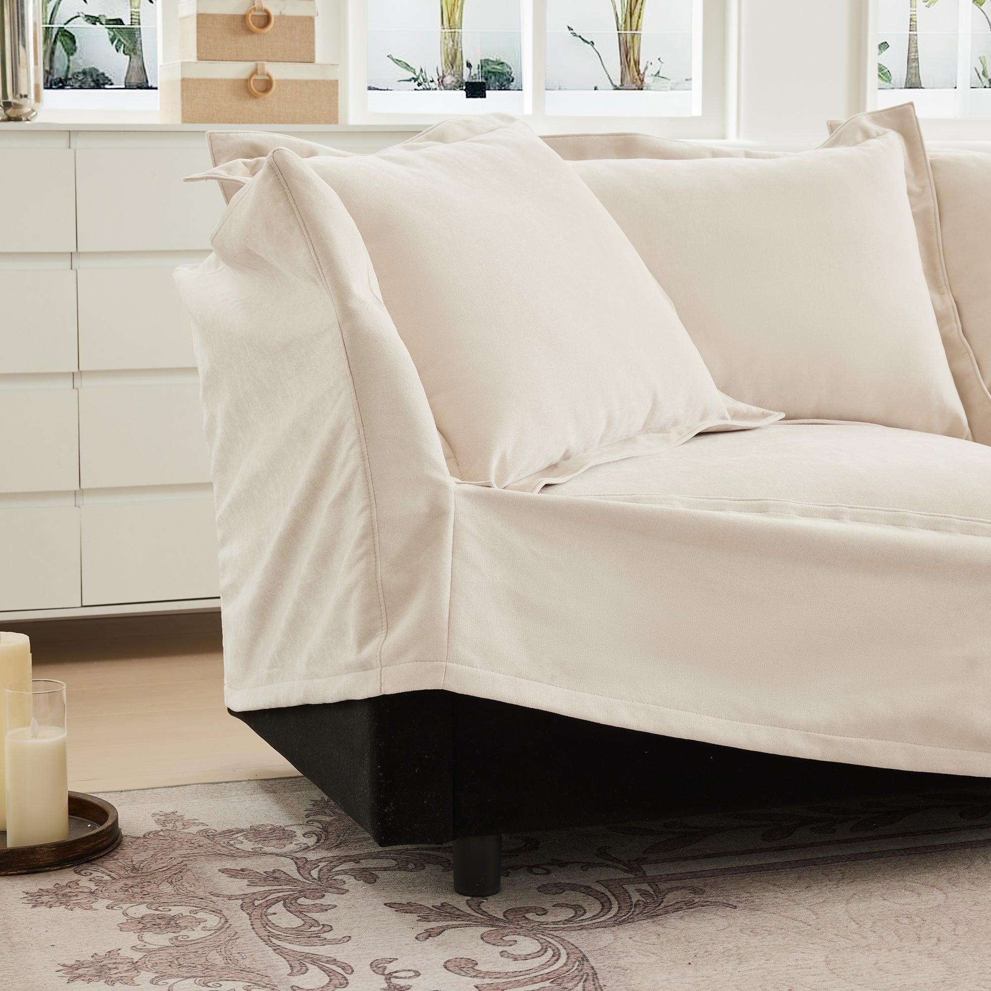 Living Room Sofa Slipcovered Sofa 3 Seater Sofa With 3 Ottomans, Oversized 3-Seat Sleeper Sofa Bed Home Theater Sofa, Chenille, Cream