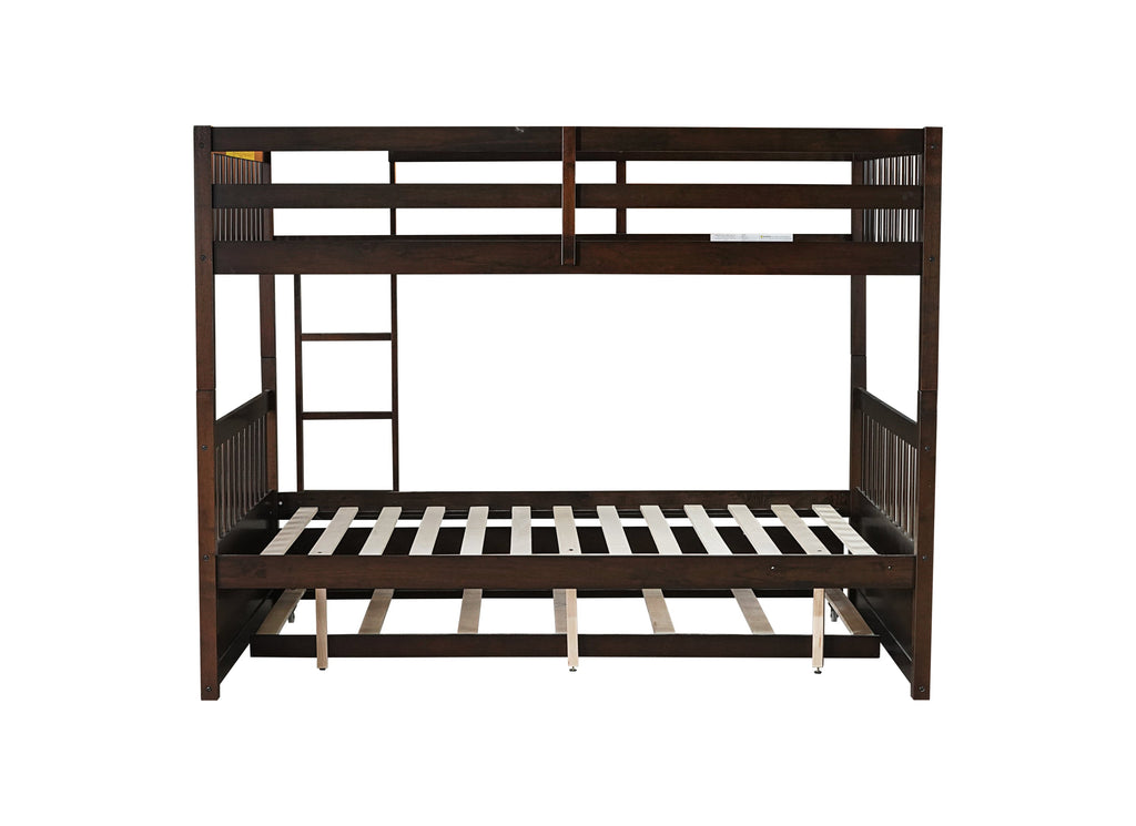 Full Over Full Rubber Wood Bunk Bed with Trundle, Ladder and Guardrails, Convertible to 2 Full Size Beds, with Twin Size Trundle ,Espresso