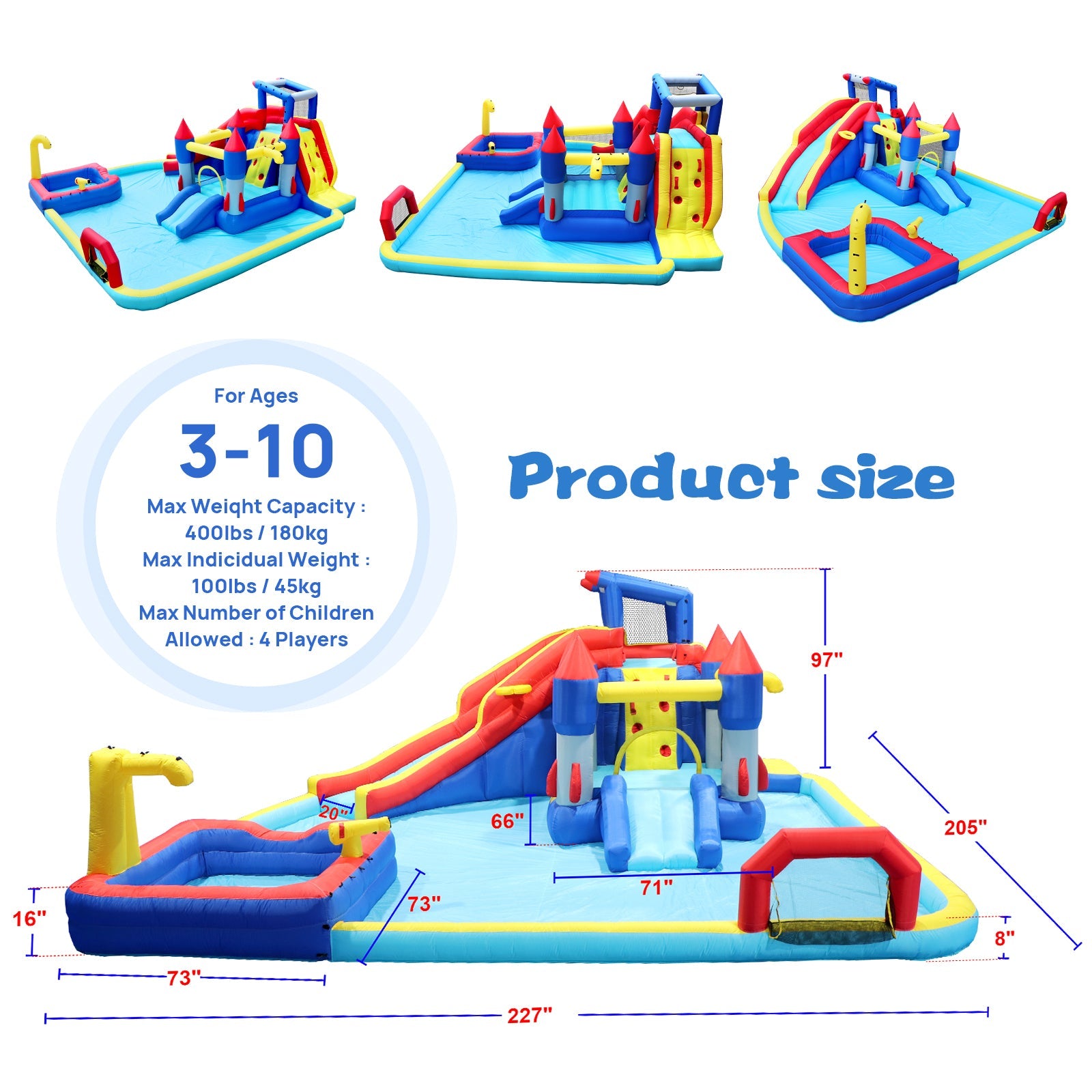 Inflatable 10 in1 slide water park  bouncing house garden with splash pool & water gun & basketball & climbing wall & dual pools & soccer