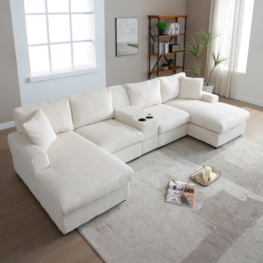 U Shaped Cloud Couch Sectional Sofa for Living Room,126' Oversized Comfy Cloud Sofa with Console,Cup Holder ,Double Chaise, Beige