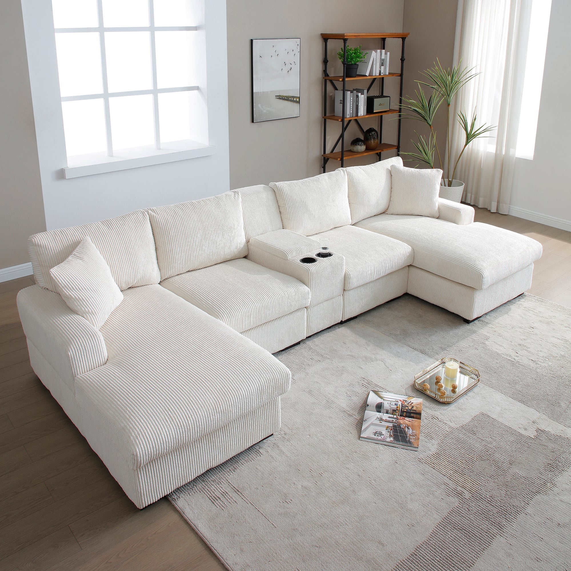 U Shaped Cloud Couch Sectional Sofa for Living Room,126' Oversized Comfy Cloud Sofa with Console,Cup Holder ,Double Chaise, Beige