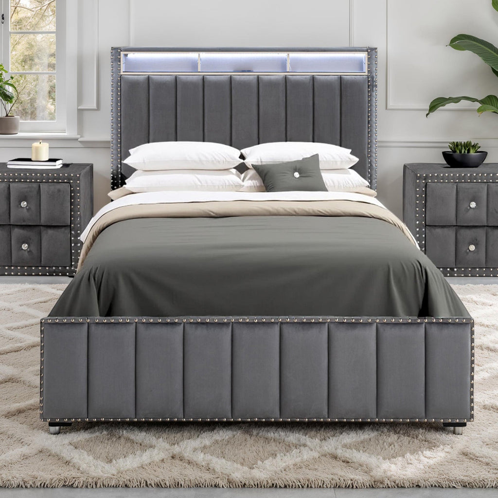 Contemporary 3pc Bedroom Set Queen Size Bed 2x Nightstands Bedroom Furniture Dark Gray Fabric Upholstered Bedframe w LED Nailhead Trim