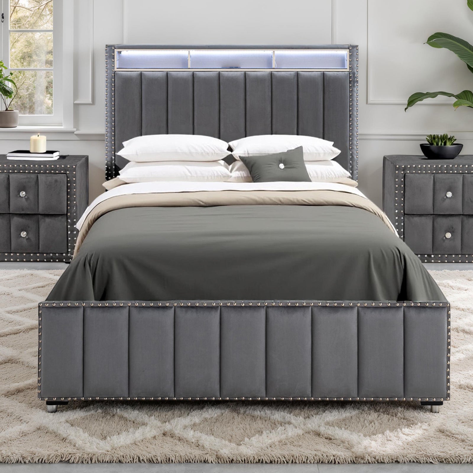 Contemporary 3pc Bedroom Set Queen Size Bed 2x Nightstands Bedroom Furniture Dark Gray Fabric Upholstered Bedframe w LED Nailhead Trim
