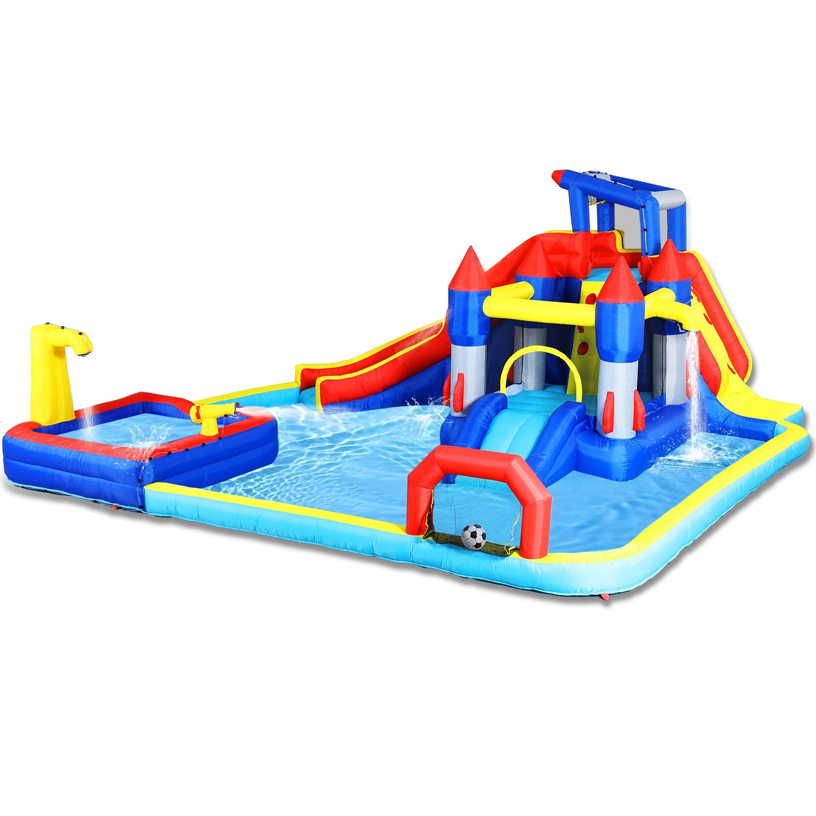 Inflatable 10 in1 slide water park  bouncing house garden with splash pool & water gun & basketball & climbing wall & dual pools & soccer