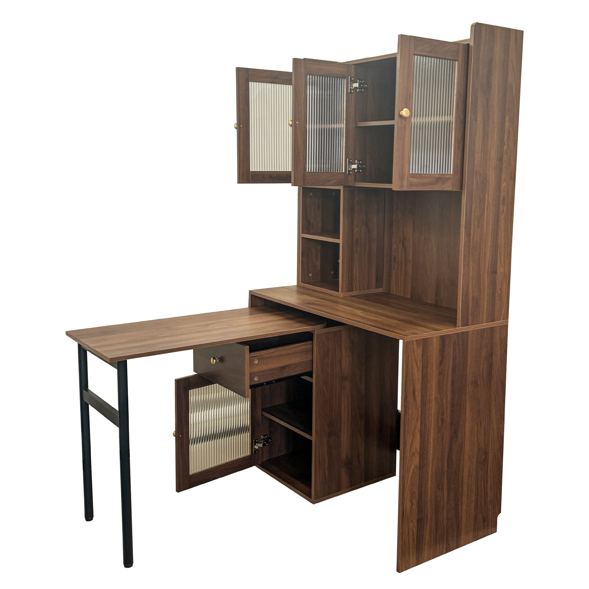 Computer Desk with glass door for Home Office or Study desk,  Bookshelf & Hutch, Computer Desk with 90 Degree Rotating Desktop,Large Working Space
