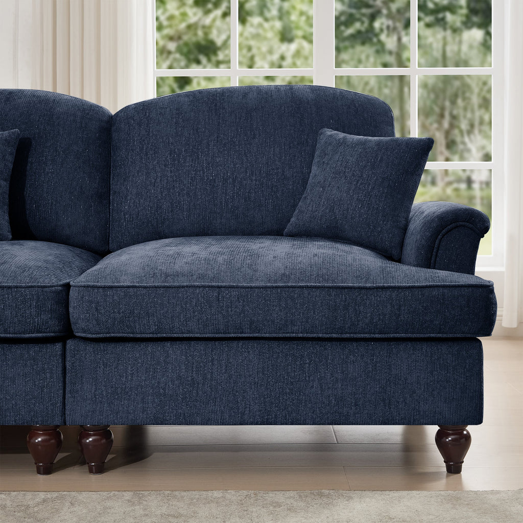 Classic U Shape 4 Seater Modular Sectional Sofa Couch with Flared Arms and Removable Ruffles Pleats Skirts and Spindle Legs, Chenille Deep Seat Cloud Sofa with Movable Ottomans, Blue